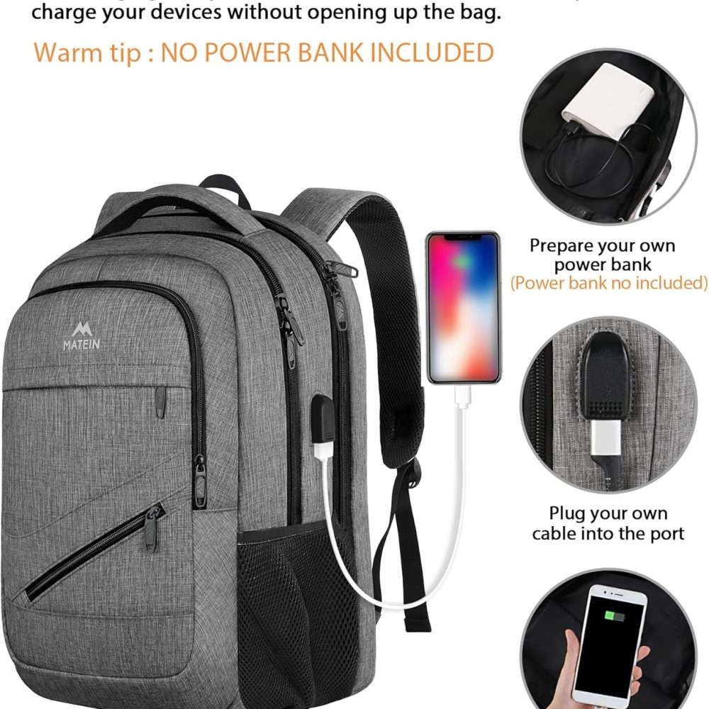 MATEIN Travel Laptop Backpack, 17 Inch Business Flight Approved Carry on Backpack, TSA Large Computer Bag for Men Women with USB Port and Trolley Sleeve, College School Tactical Book Bag, Grey - Image 4