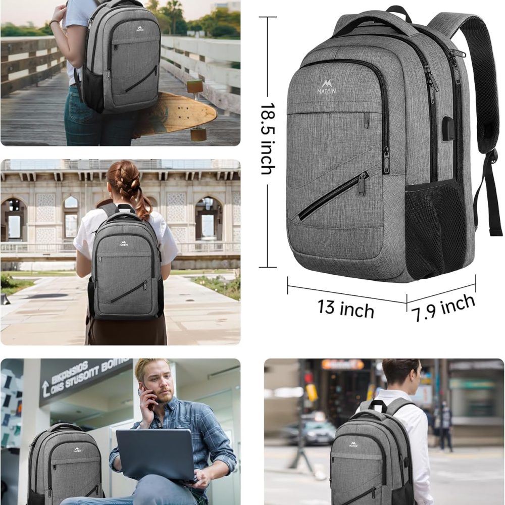MATEIN Travel Laptop Backpack, 17 Inch Business Flight Approved Carry on Backpack, TSA Large Computer Bag for Men Women with USB Port and Trolley Sleeve, College School Tactical Book Bag, Grey - Image 5