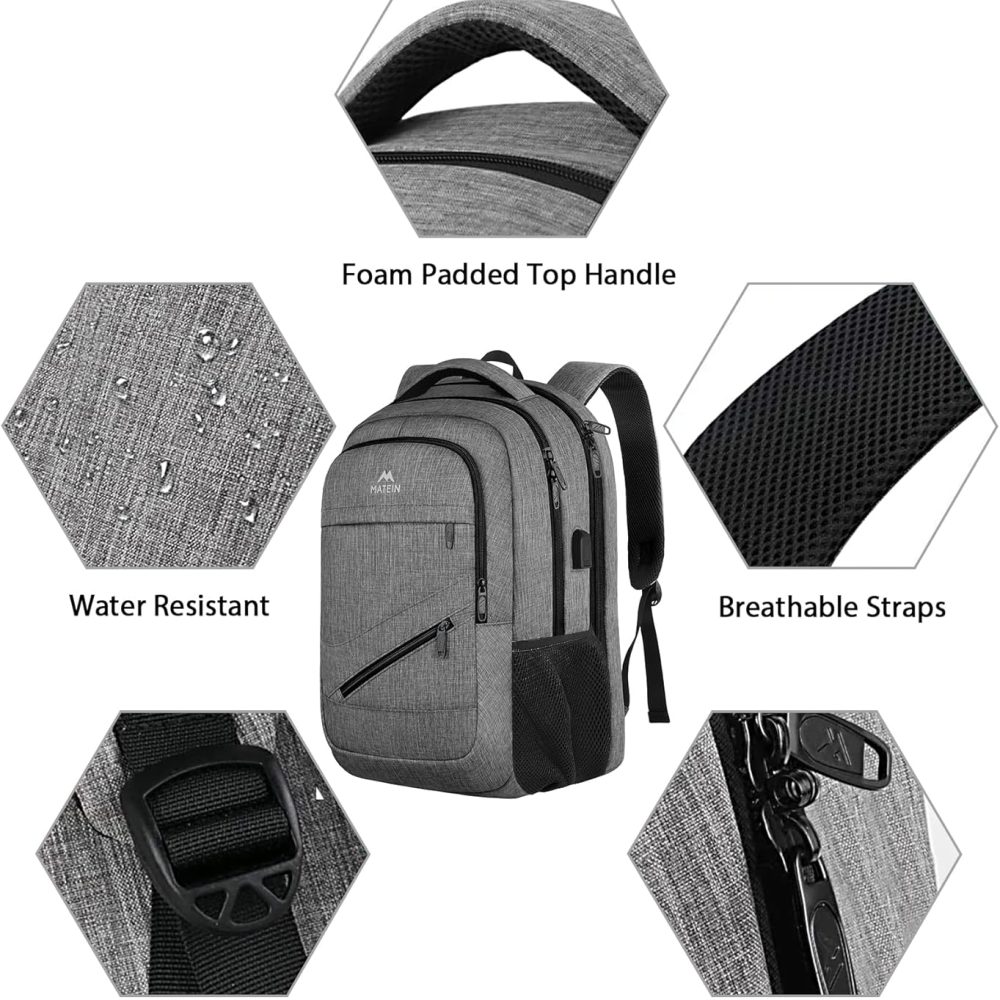 MATEIN Travel Laptop Backpack, 17 Inch Business Flight Approved Carry on Backpack, TSA Large Computer Bag for Men Women with USB Port and Trolley Sleeve, College School Tactical Book Bag, Grey - Image 6
