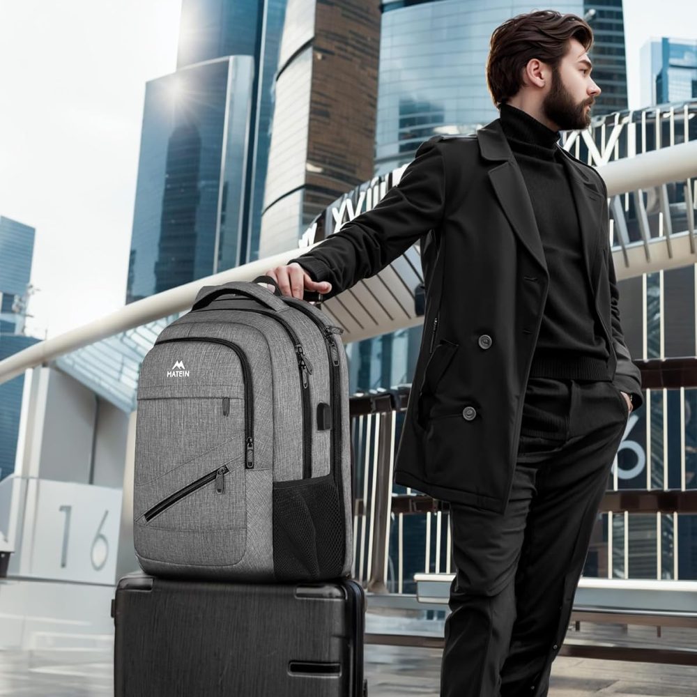 MATEIN Travel Laptop Backpack, 17 Inch Business Flight Approved Carry on Backpack, TSA Large Computer Bag for Men Women with USB Port and Trolley Sleeve, College School Tactical Book Bag, Grey - Image 7