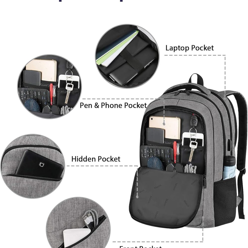 MATEIN Travel Laptop Backpack, 17 Inch Business Flight Approved Carry on Backpack, TSA Large Computer Bag for Men Women with USB Port and Trolley Sleeve, College School Tactical Book Bag, Grey - Image 8