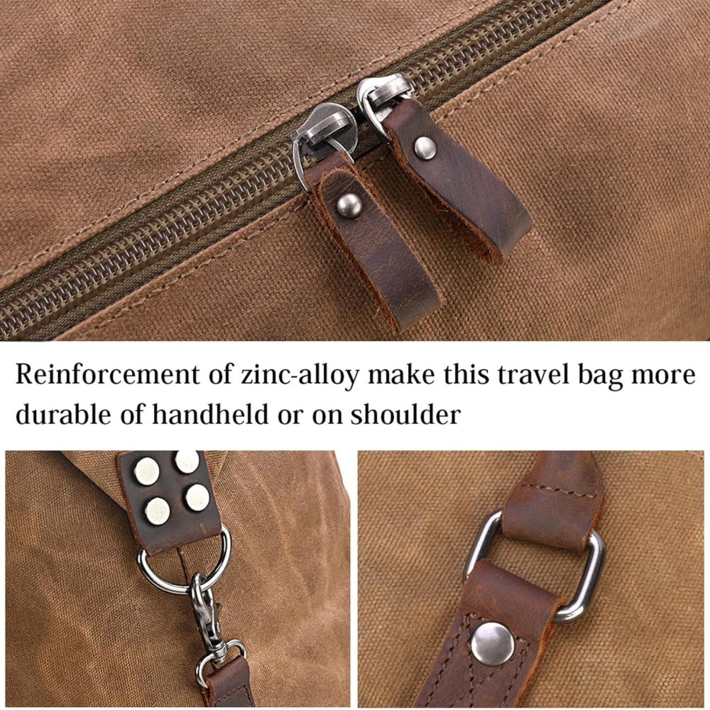 Oversized Travel Duffel Bag Waterproof Canvas Genuine Leather Weekend bag Weekender Overnight Carryon Hand Bag Brown - Image 4