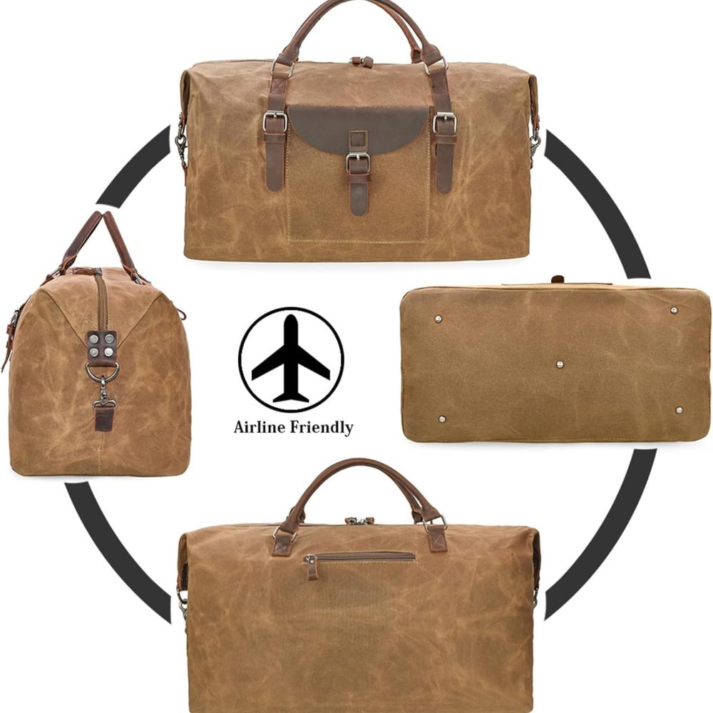 Oversized Travel Duffel Bag Waterproof Canvas Genuine Leather Weekend bag Weekender Overnight Carryon Hand Bag Brown - Image 6