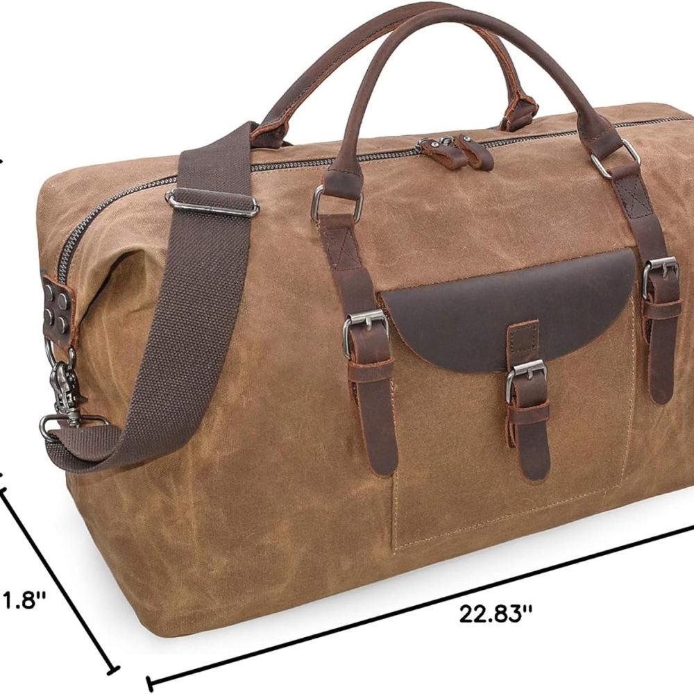 Oversized Travel Duffel Bag Waterproof Canvas Genuine Leather Weekend bag Weekender Overnight Carryon Hand Bag Brown - Image 9